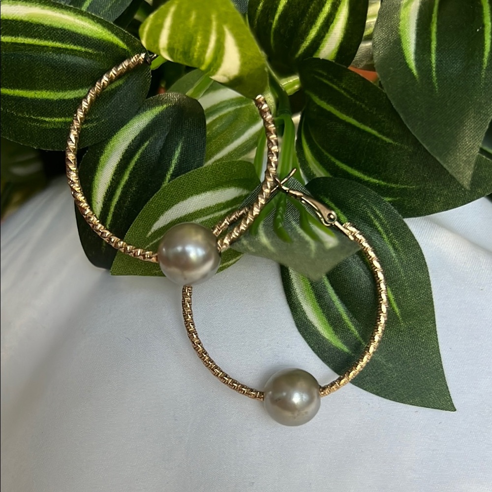 Gold and Gray Textured Hoop Earrings with Pearls